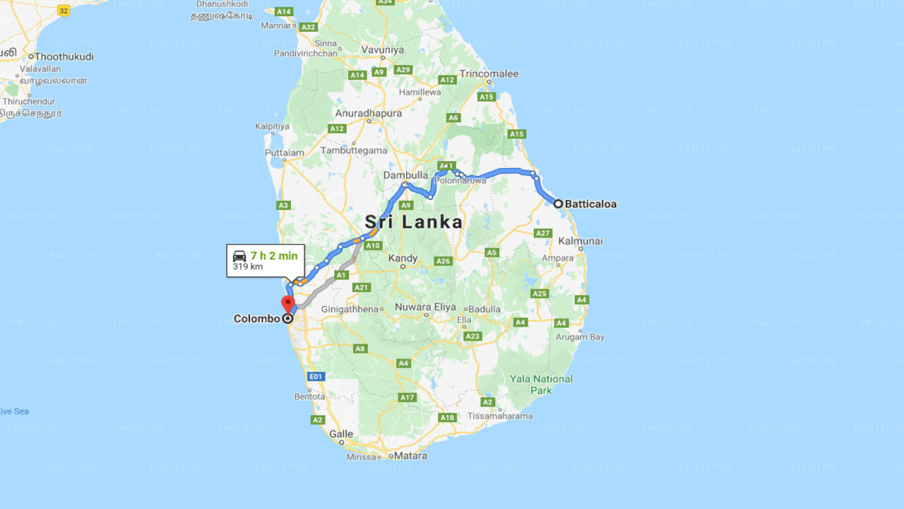 Batticaloa City to Colombo City Private Transfer