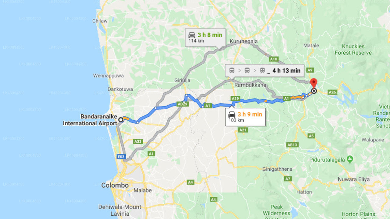 Transfer between Colombo Airport (CMB) and Hotel Thilanka, Kandy