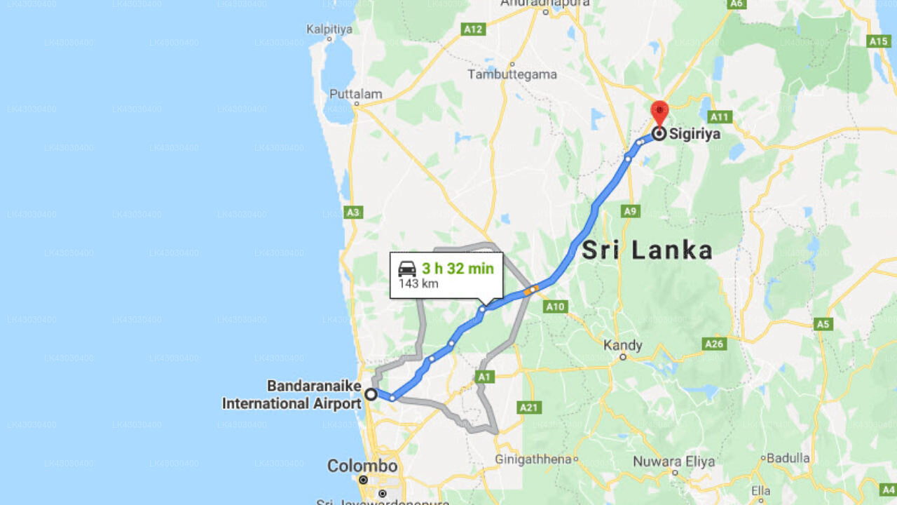 Transfer between Colombo Airport (CMB) and The Elephant Corridor, Sigiriya