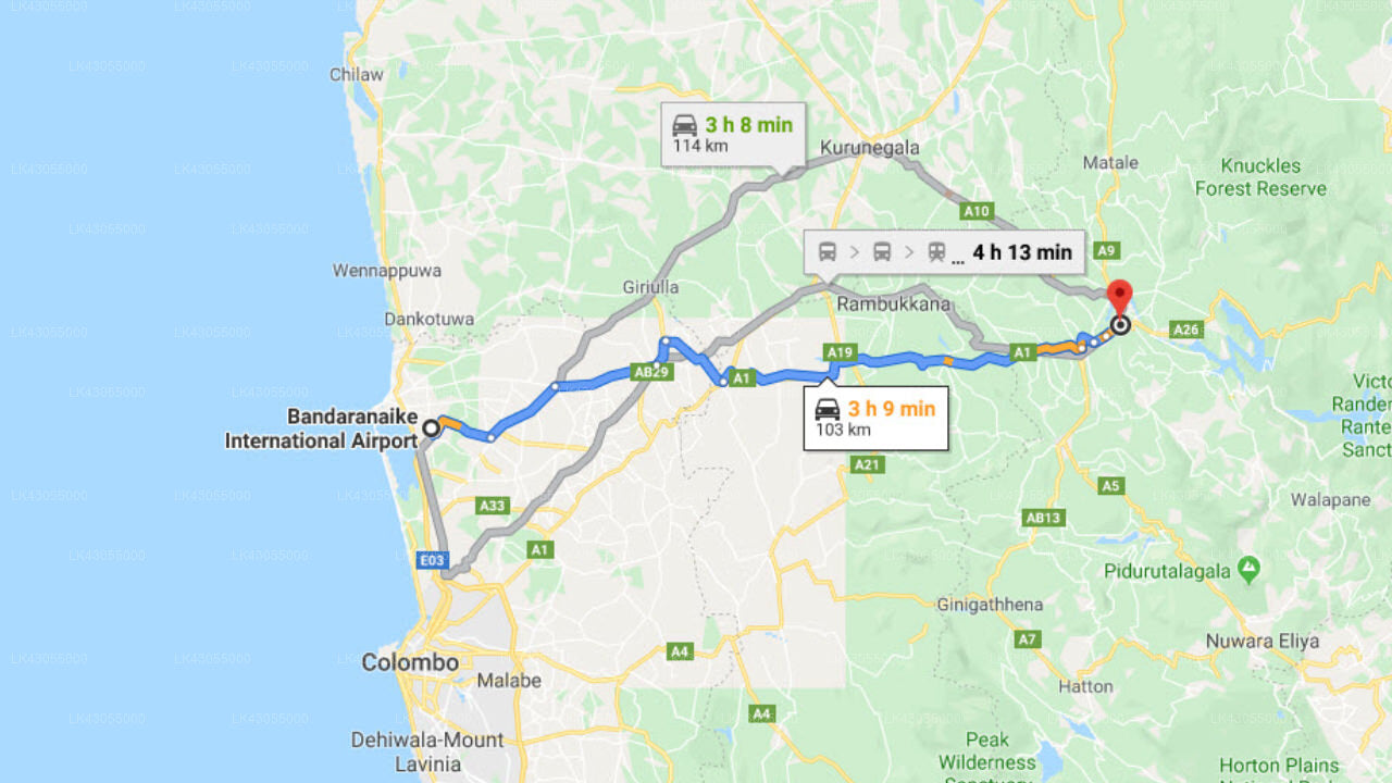 Transfer between Colombo Airport (CMB) and Villa Galapitagedara, Kandy