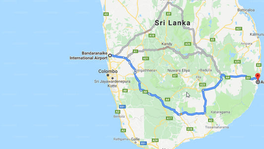 Transfer between Colombo Airport (CMB) and Galaxy Lounge, Arugam Bay