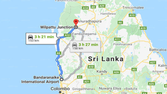 Transfer between Colombo (CMB) Airport and Governors Camp Bungalow, Wilpattu