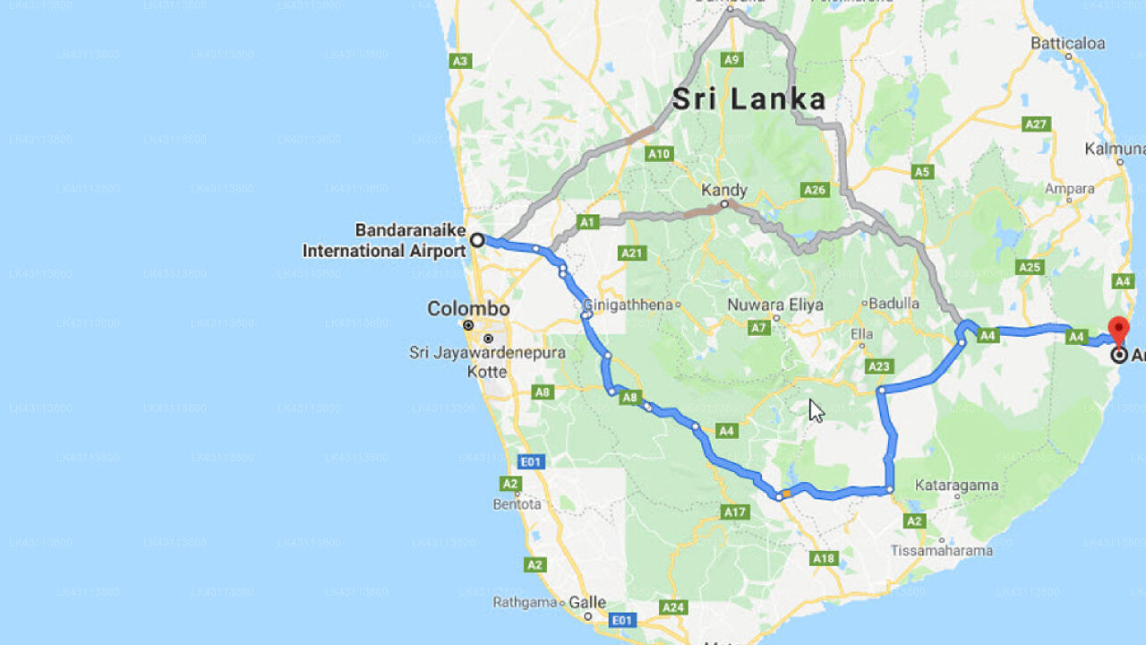 Transfer between Colombo Airport (CMB) and New Tri-Star Beach Hotel, Arugam Bay