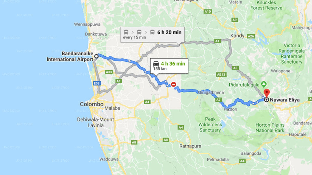 Transfer between Colombo Airport (CMB) and Colonial Holiday Bungalow Senani, Nuwara Eliya