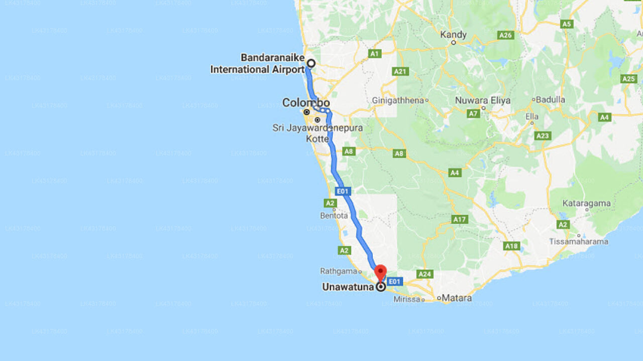 Transfer between Colombo Airport (CMB) and The Blue Eyes Inn, Unawatuna