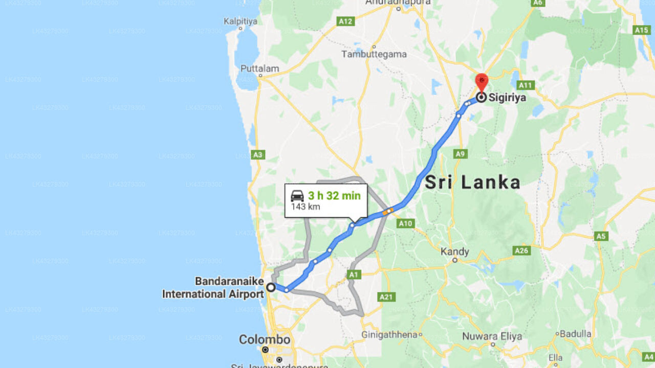 Transfer between Colombo Airport (CMB) and Sigiriya Rock Hide, Sigiriya