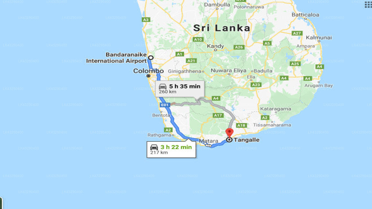 Transfer between Colombo Airport (CMB) and Villa Tanderra, Tangalle